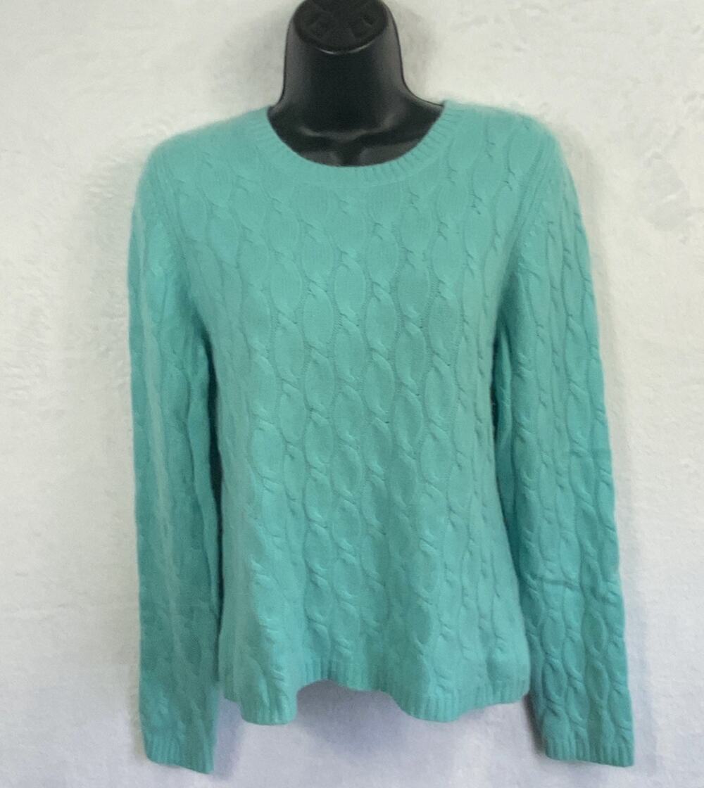 Kinross Cashmere 100% Cashmere Cable Knit Sweater Women’s Teal Excellent Cond L